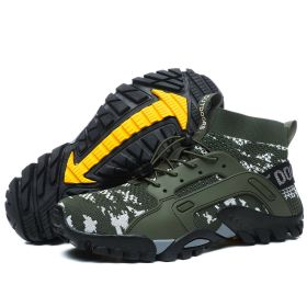 Spring Autumn Outdoor Mesh Fly Woven Sport Hiking Shoes Men Big Child Fashion Breathable High-top Climbing Walking Elastic Laces (Color: camouflage green, size: 43.0)