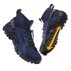 Spring Autumn Outdoor Mesh Fly Woven Sport Hiking Shoes Men Big Child Fashion Breathable High-top Climbing Walking Elastic Laces (Color: Navy Blue, size: 46.0)