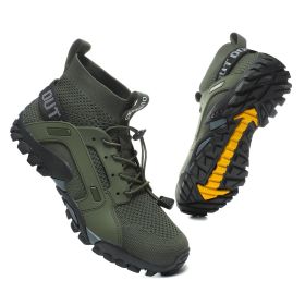 Spring Autumn Outdoor Mesh Fly Woven Sport Hiking Shoes Men Big Child Fashion Breathable High-top Climbing Walking Elastic Laces (Color: Army Green, size: 41.0)