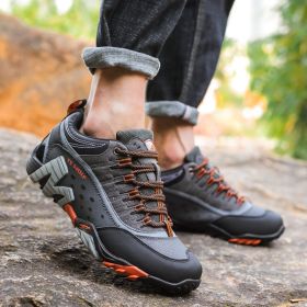 Outdoor Lover Trekking Shoes Men Waterproof Hiking Shoes Mountain Boots Genuine Leather Woodland Hunting Tactical Shoes (Color: Dark grey orange, size: 40.0)