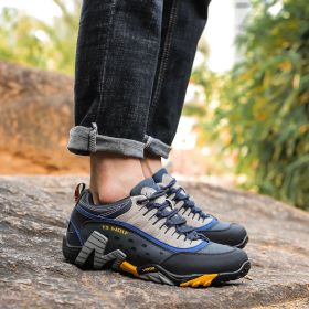 Outdoor Lover Trekking Shoes Men Waterproof Hiking Shoes Mountain Boots Genuine Leather Woodland Hunting Tactical Shoes (Color: Dark blue yellow, size: 41.0)