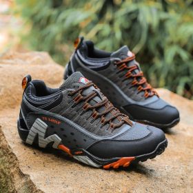 Outdoor Lover Trekking Shoes Men Waterproof Hiking Shoes Mountain Boots Genuine Leather Woodland Hunting Tactical Shoes (Color: Dark grey orange, size: 43.0)