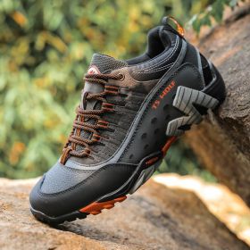 Outdoor Lover Trekking Shoes Men Waterproof Hiking Shoes Mountain Boots Genuine Leather Woodland Hunting Tactical Shoes (Color: Dark grey orange, size: 44.0)