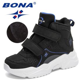 BONA 2022 New Designers Hiking Boots Kids Outdoor Sneakers Boys Girls Ankle Trekking Shoes Children Winter Plush High Top Shoes (Color: Charcoal grey R blue, size: 4.5)