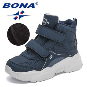 BONA 2022 New Designers Hiking Boots Kids Outdoor Sneakers Boys Girls Ankle Trekking Shoes Children Winter Plush High Top Shoes (Color: Deep blue S gray, size: 4)