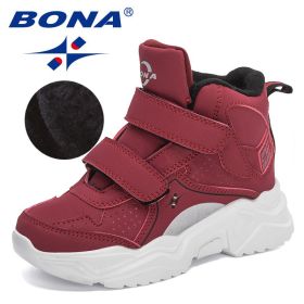 BONA 2022 New Designers Hiking Boots Kids Outdoor Sneakers Boys Girls Ankle Trekking Shoes Children Winter Plush High Top Shoes (Color: Dark red S gray, size: 5.5)