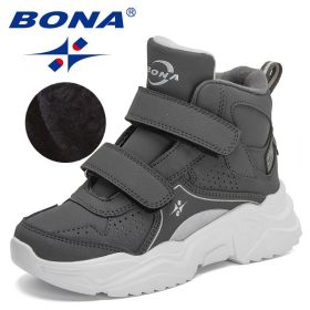 BONA 2022 New Designers Hiking Boots Kids Outdoor Sneakers Boys Girls Ankle Trekking Shoes Children Winter Plush High Top Shoes (Color: Dark grey S gray, size: 5.0)