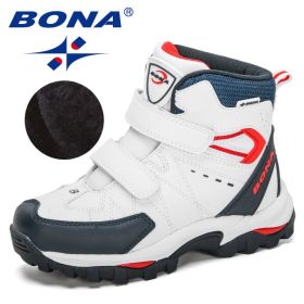 BONA 2020 New Designers Hiking Shoes Non-Slip Sneakers Boys Outdoor Sport Walking Climbing Shoes Kids Ankle Boots Plush Footwear (Color: White deep blue, size: 5.0)