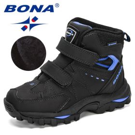 BONA 2020 New Designers Hiking Shoes Non-Slip Sneakers Boys Outdoor Sport Walking Climbing Shoes Kids Ankle Boots Plush Footwear (Color: Charcoal grey R blue, size: 4)