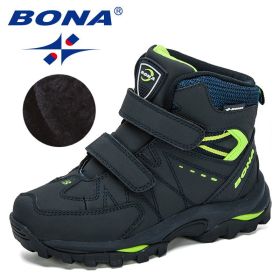 BONA 2020 New Designers Hiking Shoes Non-Slip Sneakers Boys Outdoor Sport Walking Climbing Shoes Kids Ankle Boots Plush Footwear (Color: Deep blue F green, size: 5.0)