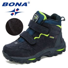 BONA 2020 New Designers Outdoor Hiking Boots Kids Leather Mountain Boots Children Climbing Sport Snow Shoes Boys Plush Warm (Color: Deep blue F green, size: 3.5)