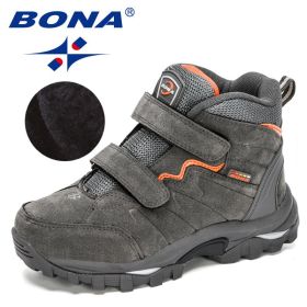 BONA 2020 New Designers Outdoor Hiking Boots Kids Leather Mountain Boots Children Climbing Sport Snow Shoes Boys Plush Warm (Color: Dark grey orange, size: 5.0)