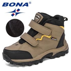 BONA 2020 New Designers Outdoor Hiking Boots Kids Leather Mountain Boots Children Climbing Sport Snow Shoes Boys Plush Warm (Color: Medium grey black, size: 5.0)