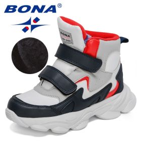 BONA 2022 New Designers High Top Winter Hiking Shoes Children Warm Sports Shoes Boys Non-slip Outdoor Plush Ankle Boots Girls (Color: White deep blue red, size: 4.5)