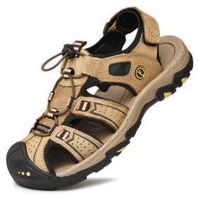 Summer Men Casual Beach Outdoor Water Shoes Breathable Trekking Sandals Hiking Climbing Fishing Genuine Leather Leisure Sandals (Color: light brown, size: 43.0)