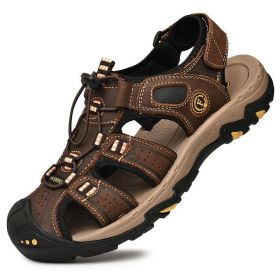 Summer Men Casual Beach Outdoor Water Shoes Breathable Trekking Sandals Hiking Climbing Fishing Genuine Leather Leisure Sandals (Color: Dark Brown, size: 41.0)