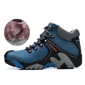 High quality Men's Hiking Shoes Outdoor High top Hunting Boots Men Genuine Leather Comfortable Trekking Boots (Color: Blue -A2027 Fur, size: 41.0)