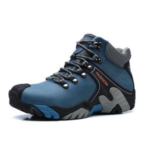 High quality Men's Hiking Shoes Outdoor High top Hunting Boots Men Genuine Leather Comfortable Trekking Boots (Color: Blue -A2027, size: 45.0)