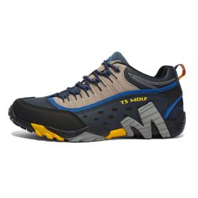 Outdoor Lover Trekking Shoes Men Waterproof Hiking Shoes Mountain Boots Genuine Leather Woodland Hunting Tactical Shoes (Color: Men-Dark blue-Yellow, size: 45.0)