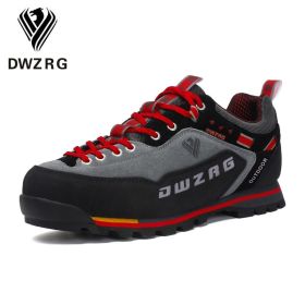 DWZRG Waterproof Hiking Shoes Mountain Climbing Shoes Outdoor Hiking Boots Trekking Sport Sneakers Men Hunting Trekking (Color: Gray Red, size: 45.0)