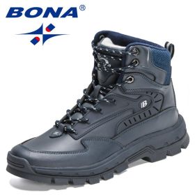 BONA 2022 New Designers High-Top Hiking Boots Men Action Leather Outdoor Wear-Resistant Non-Slip Snow Shoes Man Ankle Boots Soft (Color: Deep blue S gray, size: 10)