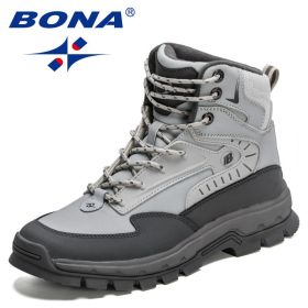 BONA 2022 New Designers High-Top Hiking Boots Men Action Leather Outdoor Wear-Resistant Non-Slip Snow Shoes Man Ankle Boots Soft (Color: Light gray dark grey, size: 10.5)