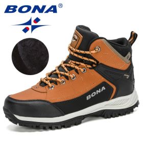 BONA 2022 New Arrival Nubuck High Top Hiking Shoes Men Durable Anti-Slip Outdoor Trekking Shoes Man Plush Warm Snow Winter Boots (Color: Light brown D brown, size: 10.5)