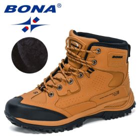 BONA 2022 New Designers Nubuck Hiking Shoes Men Non-Slip Outdoor Wear-Resistant Trekking Footwear Man High Top Plush Snow Boots (Color: Earth yellow black, size: 9)