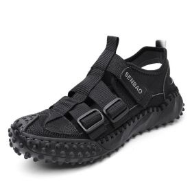 Men Sandals Summer Breathable Outdoor Hiking Beach Shoes Male Non Slip Rubber Sole Slippers Handmade Patchwork Roman Sandalies (Color: Black, size: 42.0)