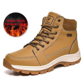 Brand Winter Leather Men Boots Plush Warm Men Snow Boots Outdoor Non-slip Hiking Boots Men Winter Shoes Men Sneakers Size 39-48 (Color: Plush Yellow, size: 9)