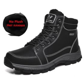 Brand Winter Leather Men Boots Plush Warm Men Snow Boots Outdoor Non-slip Hiking Boots Men Winter Shoes Men Sneakers Size 39-48 (Color: No Plush Black, size: 7.0)